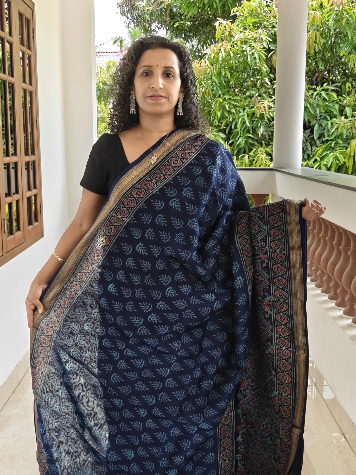 Maheswari Silk Saree Indigo Blue Prints and Gold Zari Border